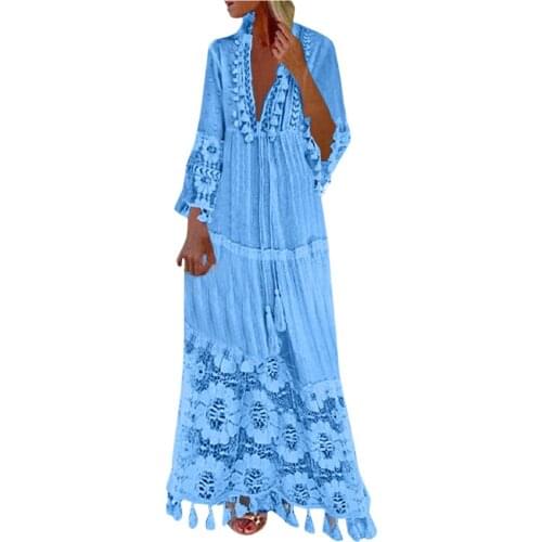 V-neck Fashion Casual Bohemian Large Size Solid Color Lace Tassel Long Dresses For Women 2021 Female Sheath Temperament Sukienka