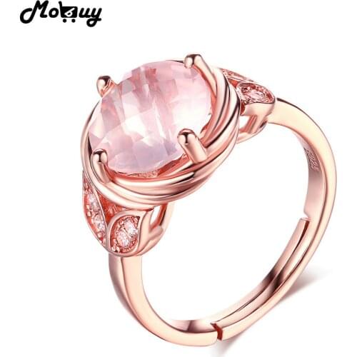 MoBuy MBRI016 Leaf Natural Gemstone Rose Quartz Ring 100% 925 Sterling Silver Rose Gold Plated Resizable Fine Jewelry For Women
