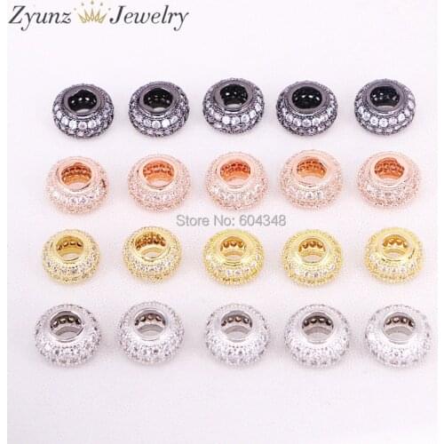 10PCS ZYZ320-5852 CZ Micro Pave Big Hole Rondelle Beads, Cubic Zirconia Pave Beads, Round Ball beads, CZ Spacer Beads Findings