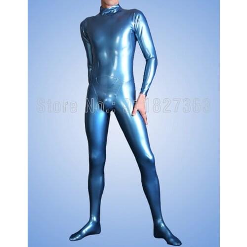 100% Handmade Latex Catsuit Metallic Blue Unique Back Zipper Latex Bodysuit with Penis Hole Cod-piece Customized