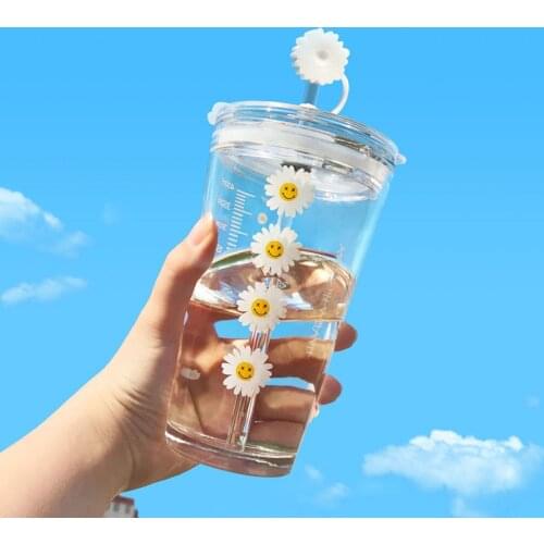 450ml Glass Water Bottle with Straw Cartoon Daisy Straw Cup Leakproof Portable Drinking Bottle with a Sealing Cap Lid