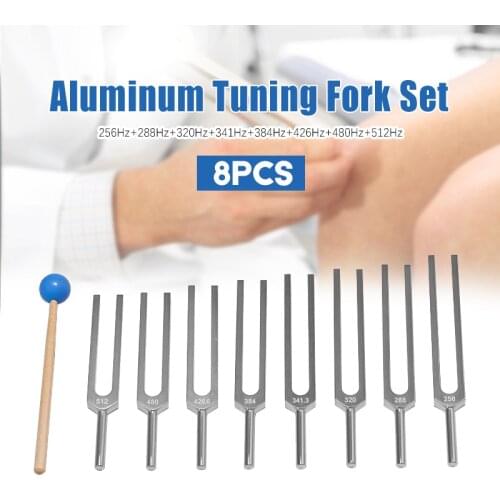 8Pcs Aluminum Medical Tuning Fork Healing Sound Vibration Wood Box Therapy 256Hz+288Hz+320Hz+341Hz+384Hz+426Hz+480Hz+512Hz