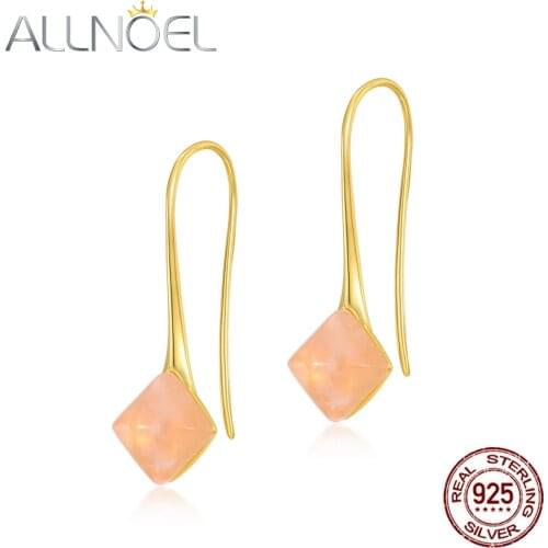 ALLNOEL Solid 925 Sterling Sliver Earring For Women Natural Flower Rose Quartz Real Gold Plated Engagement Wedding Fine Jewerly