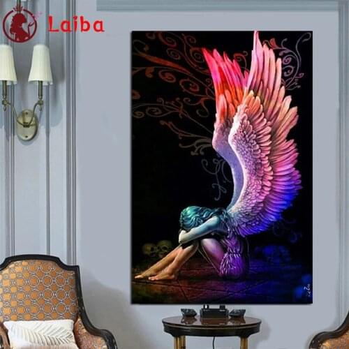 Diamond Embroidery Lonely angel girl with colorful wings Full Square round Diamond Mosaic Art Painting Cross Stitch Wall Decor