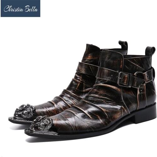 Christia Bella Solid Men Shoes Genuine Leather Boots New Fashion Simplicity Metal Pointed Toe Boots Big Size Short Buckle Boots