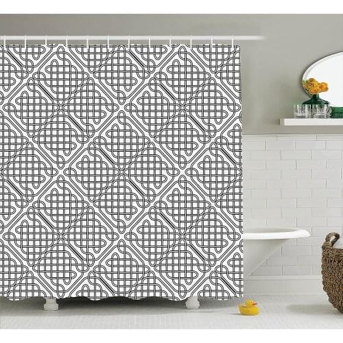 Celtic Shower Curtain Medieval Irish Striped Binding Square Shaped Patterns Old-Fashion Dated Artsy Grid Print Bath Curtains