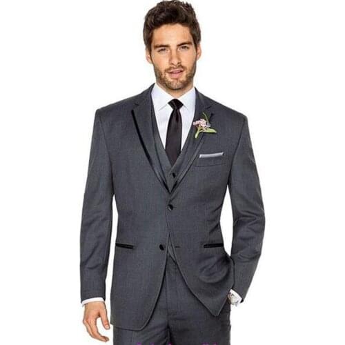 Custom Made Classic Tow Buttons Dark Grey Wedding Suits For Men Tuxedos Groom Men Suit 3 Pieces Groomsmen Suits With Pants