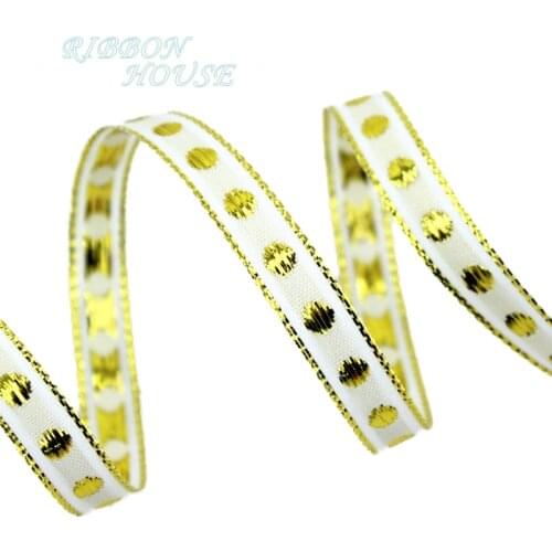 25 yards/lot) 3/8'' (10mm) Cream White grosgrain satin ribbons golden edge dots ribbon high quality gift packaging ribbons