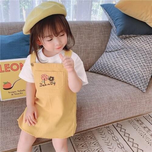 Summer Baby Kids Girls Overalls Dress Leisure Solid Color Embroidery flower Toddler Dresses Clothes 1-7 Years ss