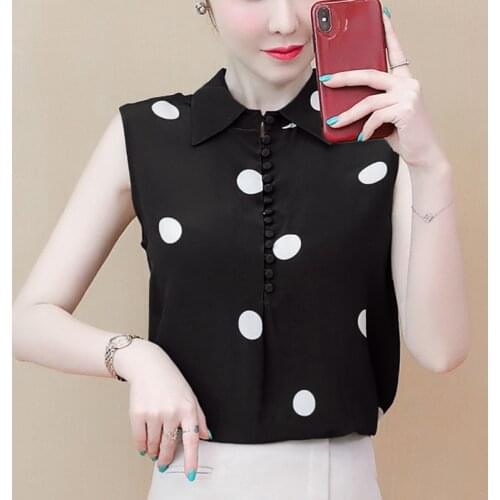 LJSXLS 2021 Summer Print Polka Dot Chiffon Tops Sleeveless Shirts Women Fashion Elegant Loose Female Blouses Black Women Clothes