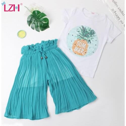 LZH Children Clothing 2021 Summer Girls Clothes Sequins Chiffon Pant 2pcs Outfit Suit Kids Tracksuit For Girls Clothing Sets