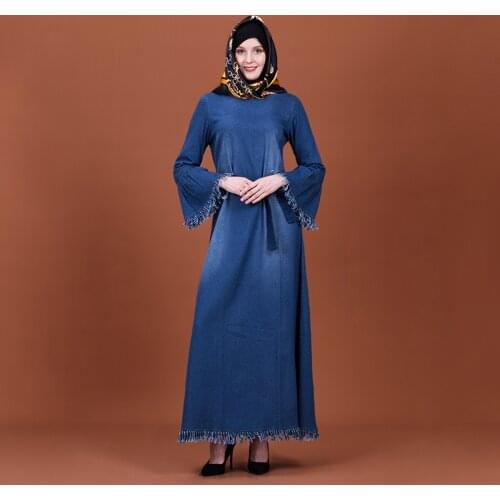 Muslim Jeans Long Dress 2019 New Autumn Long Sleeve Slim Fit Sashes Tassel Denim Abaya Dress Elegant Arab Dresses Evening