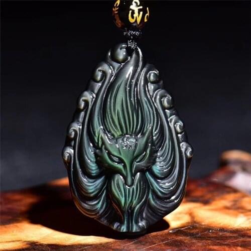 Natural Rainbow Eye Obsidian Hand Carved Nine Tail Fox Pendant Fashion Jewelry Mens and Womens Necklaces