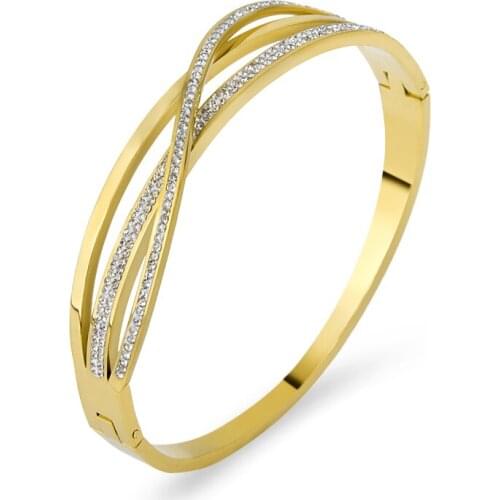 Stainless Steel CZ Crystals Intersect Cross Bracelets Bangles Luxury Shiny Silver Rose Gold Pulseras Women Jewelry