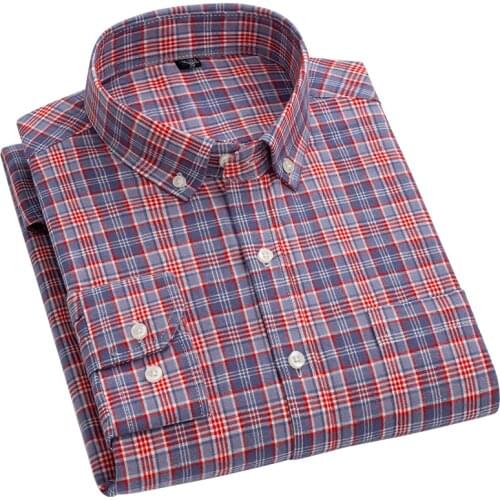 AOLIWEN Men 100% Cotton Red Purple Plaid Long Sleeve Shirt S-7XL Daily Casual Spring Button Trend Soft Comfortable Slim Shirts