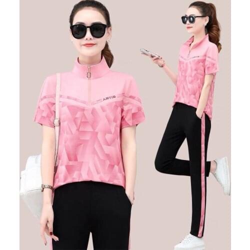 Sports Pants Suit 2 Piece Set Print Grey Summer New Fashion Big Size Loose Temperament Short Sleeved Women Pink Purple Blue