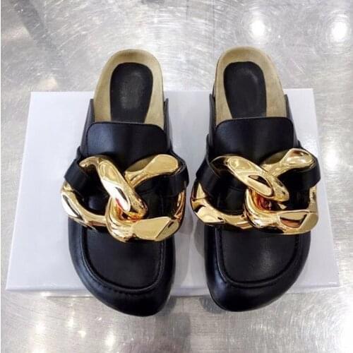 Chains Loafers Women Shoes Black Leather Mules Chunky Flats Dress Ladies Zapatos Mujer Brand Slides Stylish Slippers Sapato