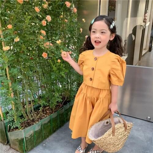 Summer 2021 Girls Solid Color Casual Sets Korean style Cotton Puff Sleeve Shirts Wide Leg Pants 2Pcs Suit Kids Clothes Sets
