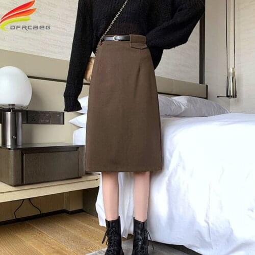 New 2020 Autumn Winter Women Woolen Skirt With Belt High Waist Midi Slit Skirt Korean Style A Line Skirts Womens Hot Sale
