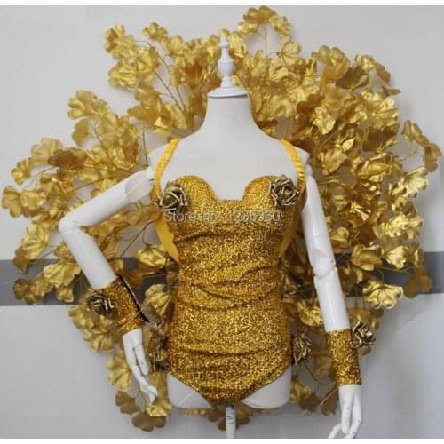 Gold Rose Bodysuit Flower Backboard Women Nightclub Clothing Prom Bar Party Show Stage Outfit Models Catwalk Performance Costume
