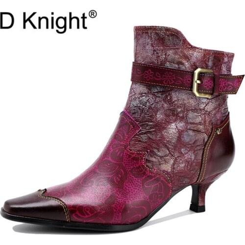 Vintage Genuine Leather Thin Heels Lady Western Boots Shoes New Spot Print Stitching Belt Buckle Stiletto Ankle Boots For Woman