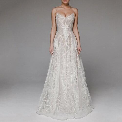 Gorgeous A-Line Lace Wedding Dresses 2021 Floor Length Tulle V-Neck Spaghetti Straps Backless Custom Bridal Party Gowns