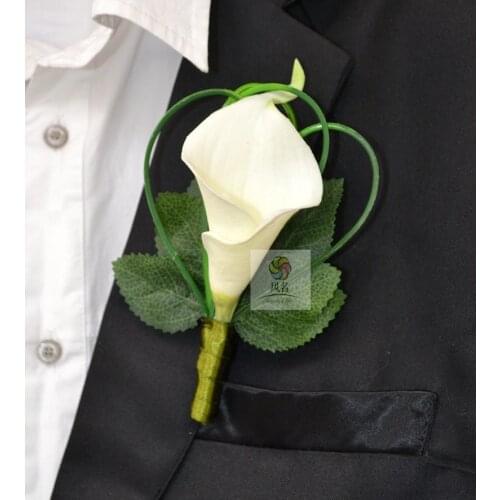 1Piece White Green Color Corsages Groom Boutonniere PU Calla Lily Flower Buttonhole Corsage Wedding Party Prom Men Suit Brooches