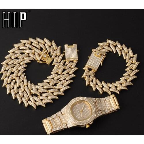 Hip Hop 19MM 3PCS KIT Watch+Necklace+Bracelet Bling AAA+ Iced Out Alloy Rhinestones Thorns Cuban Link Chains For Men Jewelry