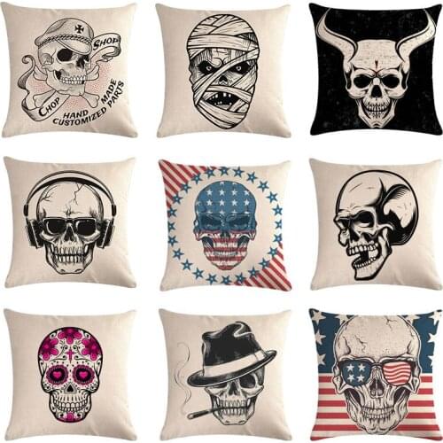 45x45cm Skull Pattern Cushion Cover Black and white Print Cotton Linen Death Pillow Case Decor Home Office Throw Pillow Cover