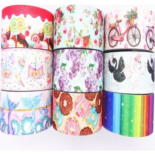 5 Yards 1.5" 38MM Glitter Flowers Printed Leather Fabric Ribbon For Hair Bows DIY Decoration Crafts MD19031201
