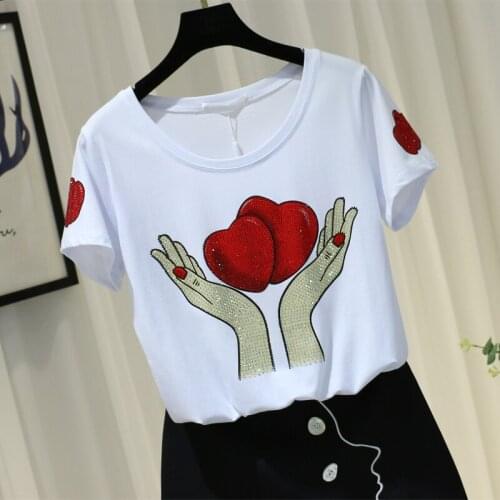 Shine Sequined Heart Women T-shirts 2021 Summer New O-neck Short-sleeved Fashion Design Female Pulls Tops Tees Top Quality
