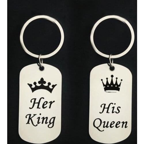 CAXYBB King Queen Keyring dog tag Stainless steel keychain Couple jewelry lover gift Valentines Day