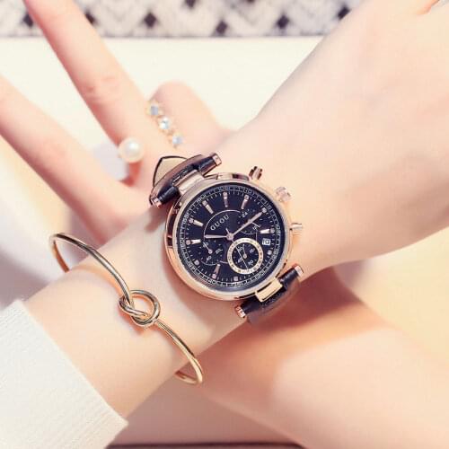 GUOU Brand Fashion 3 Eyes Waterproof Leather & Rose Gold Steel Analog /w Calendar Quartz Wristwatches Wrist Watch for Women Girl