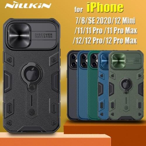 For Apple iPhone 12 11 Pro Max 12 Mini 8 7 SE 2020 Case Capa Nillkin Armor Impact Slide Camera Lens Protection Ring Holder Cover