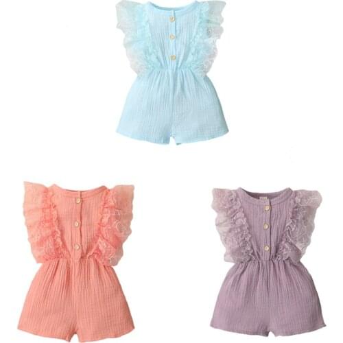 Cute Girl Baby Solid Color Lace Rompers Buttoned Round Neck Sleeveless Lace Shoulder Short Pants for Summer One Piece Romper