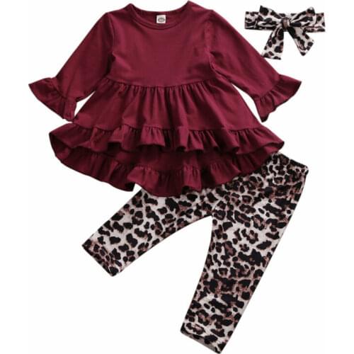 1-6Y Toddler Kids Baby Girls Clothing Set Solid Ruffles Tunic Tops Leopard Pants Legging Outfits Autumn Kid Costumes
