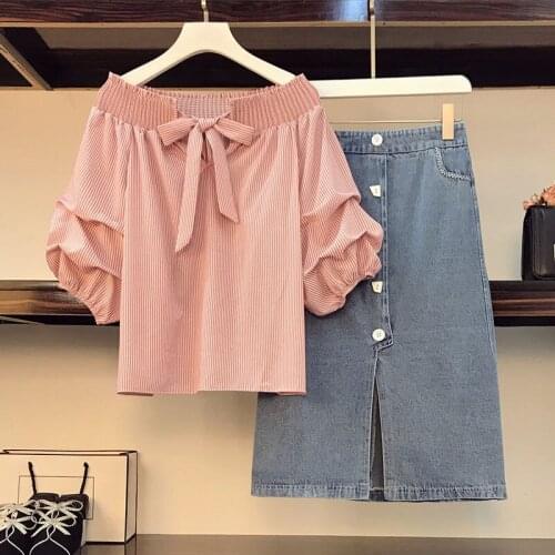 2 Piece Set Women Skirt And Blouse Plus Size 2021 Summer Clothing New Slim Denim Skirts Womens Bow Tops Korean Outfit zh616