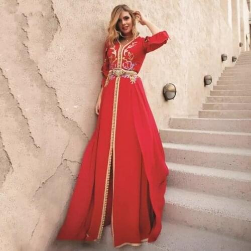 Red Moroccan Kaftan Caftan Muslim Evening Dresses A-line Half Sleeves Chiffon Appliques Dubai Arabic Turkey Abaya Islamic Gown