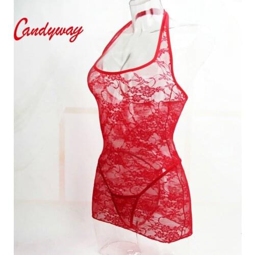 Halter style Sling Backless Design Lace Slim Transparent Sexy teddy underwear gauze Bodysuit Traditional cloth night dress