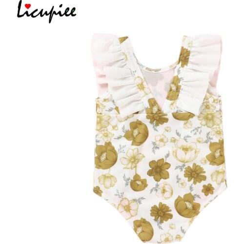 0-18 Months Baby Girls Sweet Flower Printing One-piece Swimsuit Fashion Flounce Sleeveless Triangle Swimsuit