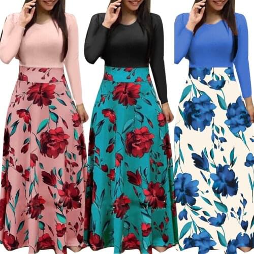 Hot Sales Women O Neck Long Short Sleeve Floral Print Large Hem Waist Tight Maxi Dress