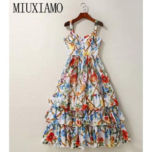 MIUXIMAO Fashion Designer Runway Dress Spring Women Spaghetti strap Backless Floral Print Ball Gown Cascading Ruffle Beach Dress
