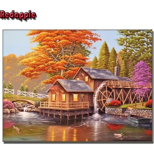 Wooden House Waterwheel 5D DIY Full Round square Drill Diamond Painting Mosaic Kit fall scenic sale embroidery Home Decoration