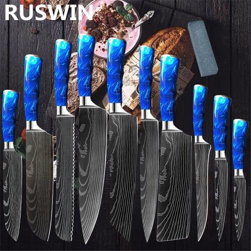 Kitchen knives Set Exquisite blue resin handle Laser Damascus pattern Chef knife Santoku Cleaver Slicing Knives Set Best Gift