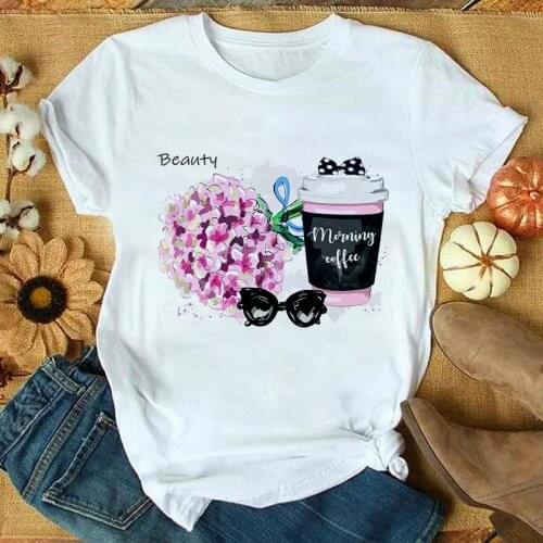 2021 New Beauty Flower Coffee T Shirt Womens Short Sleeve Lady Tops Fashion Tshirt Graphic Harajuku Female T-shirts Clothing