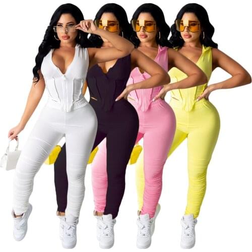 Solid Color Hoodie Sexy Hollow Out Zipper Sleeveless T-Shirt & Pleated Trousers Sweatpants Two Piece Set Women Casual Suits