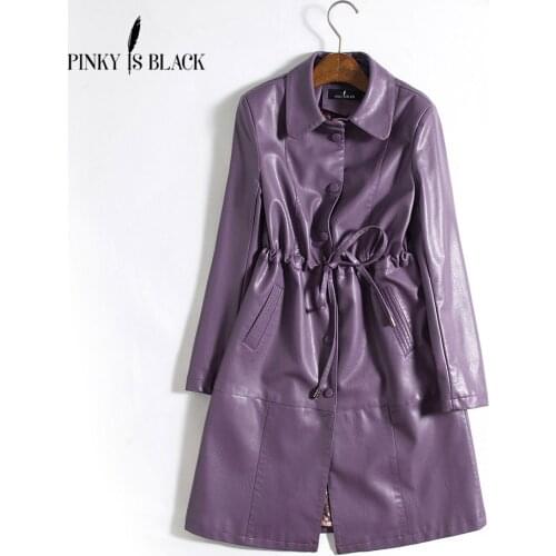 Pinky Is Black 2019 New Elegant Autumn Winter Leather Jacket Women Medium Long Red PU Leather Coat Ladies Slim Motorcycle Jacket