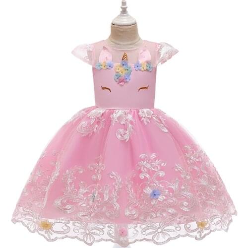 Baby Girl Birthday Dress Rainbow Unicorn Dresses For Girls Pink Light Blue Children Casual Wear Little Girls Princess Dress