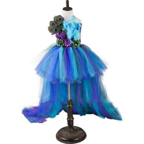Elegant Princess Peacock Feather Dress for Girls Tutu Dress Long Tail Girls Party Dress Kids Flower Christmas Dress Girl Clothes