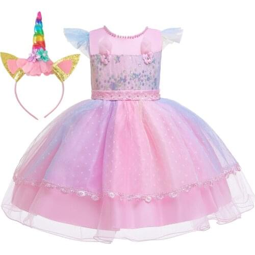 Princess Unicorn Dress Baby Flower Girls Beaded Lace Dress Vintage Children Dresses For Wedding Party Halloween Cosplay Costume